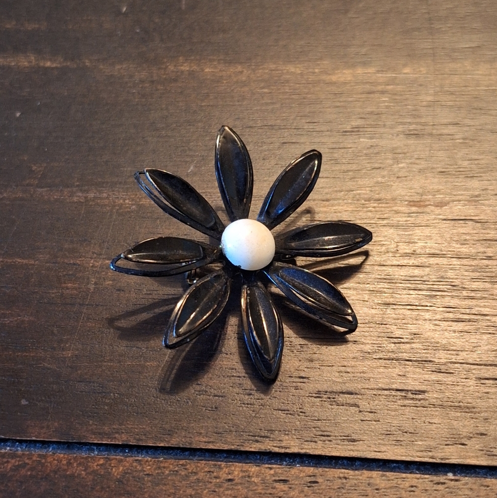 Black Enamel Flower Brooch